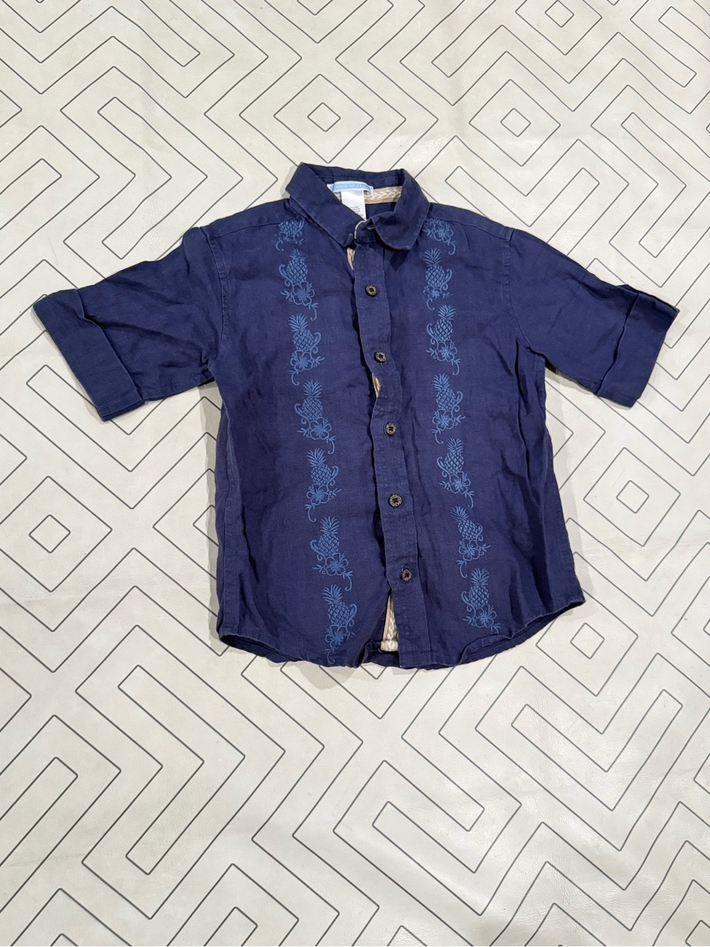 Janie and Jack Blue Short-Sleeve Button-Up Shirt with Hawaiian Embroidery